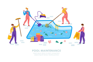 Pool maintenance or cleaning service, group of people in uniform, cleaning products for swimming pool, workers with equipment - test water, net, broom, flat vector for website, landing page, banner