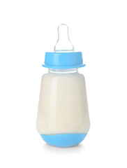 Bottle of milk for baby on white background