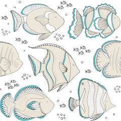 Seamless texture with fishes and hand drawn elements.