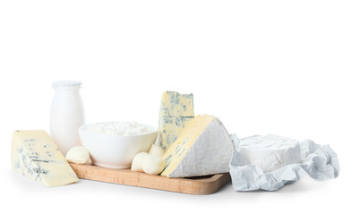 Different dairy products on white background