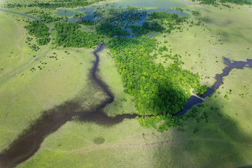 Aerial view of the floodplain and pastures of the Odra River, Croatia