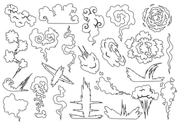 Explosion with smoke cloud. Fog flat isolated clipart for advertising posters, effects and design. Cartoon white smoke. Vector illustration. Sketch style