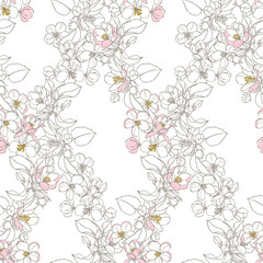 Seamless pattern with blooming apple tree branches on white. Floral vector background.