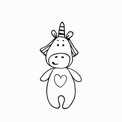 Cute baby unicorn toy. Hand drawn vector illustration. Doodle style drawing, sketch, funny. For decoration, hand made logo, symbol.