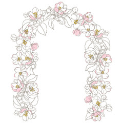 Romantic arch frame with blooming apple tree branches and place for text on white. Invitation, greeting card or an element for your design for wedding, party.