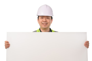 An Asian engineer holding a blank message board.