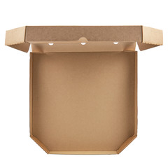 Open empty craft cardboard pizza box inside, isolated on a white background. Top view.