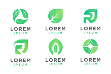 Set of Green Leaves Vector Logo Template 