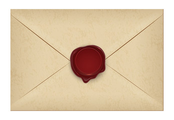Realistic closed vintage old aged letter envelop with round dark red wax seal stamp. Paper parchment. Ancient postage symbol collection. Post object isolated on white. Vector illustration. - obrazy, fototapety, plakaty