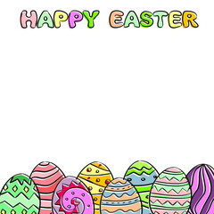 Hand-drawn vector easter illustration. The phrase Happy Easter and painted eggs. Template for decoration Easter design.