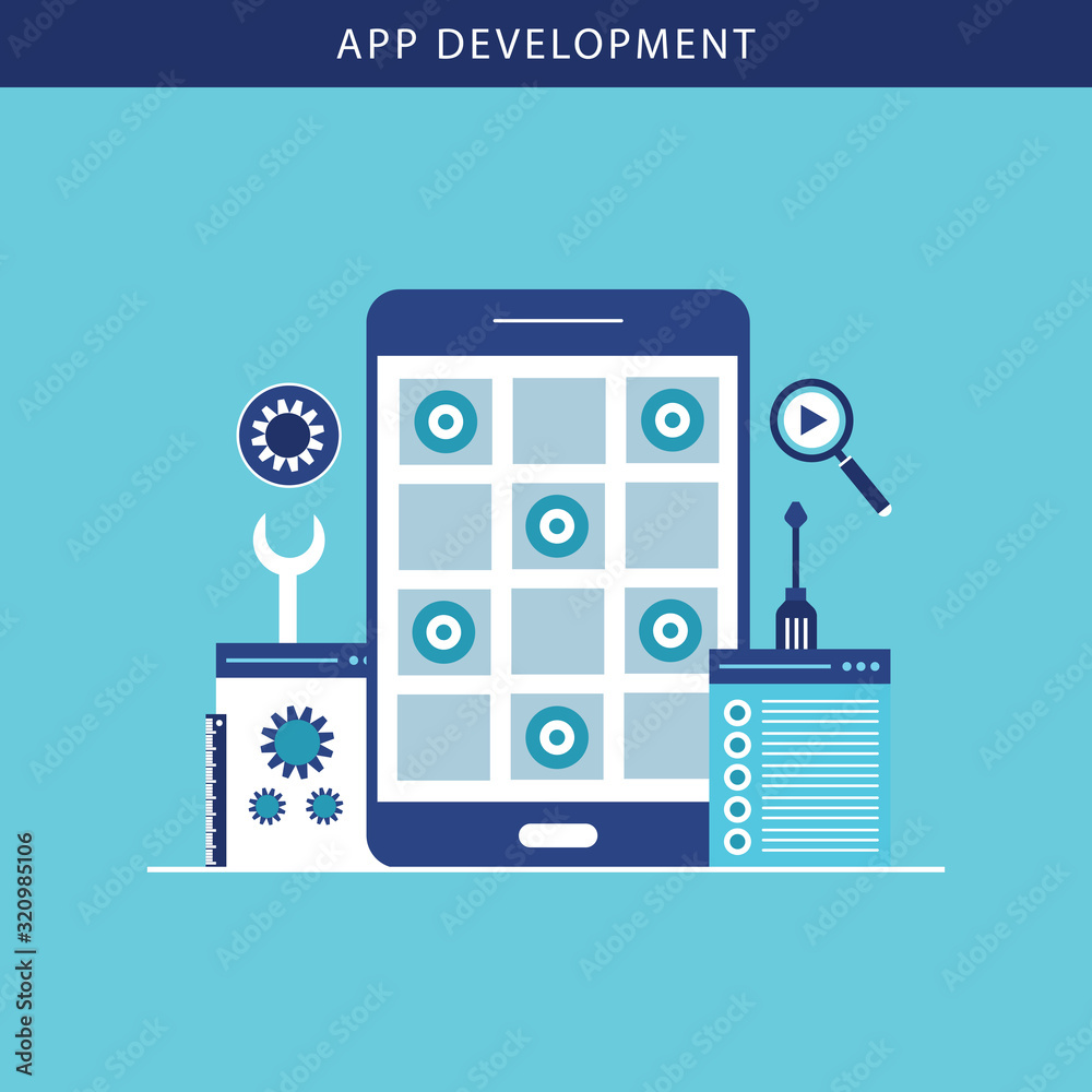 Poster mobile application development, smartphone app programming. flat design style modern vector illustra