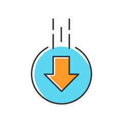 Down arrow in circle blue and orange RGB color icon. Moving arrowhead in round shape. Mobile app page browsing indicator. Website pointer. Web cursor. Scrolldown button. Isolated vector illustration