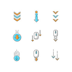 Scrolling down arrows RGB color icons set. Computer mouse and arrowheads in circles buttons. Internet page browsing and download indicators. Web cursor. PC elements. Isolated vector illustrations
