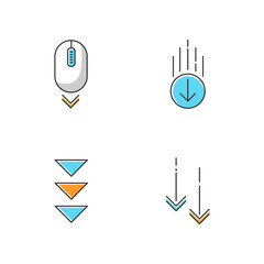 Scrolling down RGB color icons set. Computer mouse and arrowheads in circles buttons. Moving arrows. Web page browsing cursor and download indicators. Way direction. Isolated vector illustrations