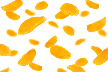Falling Dried Mango, isolated on white background, selective focus