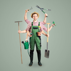 Smiling gardener with multiple arms and tools