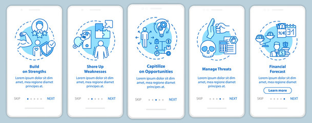 Building up strength onboarding mobile app page screen with concepts. Taking opportunities walkthrough 5 steps graphic instructions. UI vector template with RGB color illustrations