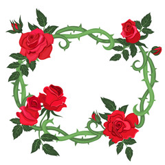 Oval frame of thorns and red roses isolated on a white background. Vector graphics.