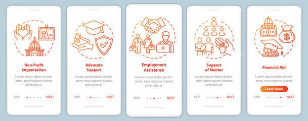 Inclusive society onboarding mobile app page screen with concepts. Social and financial support walkthrough five steps graphic instructions. UI vector template with RGB color illustrations