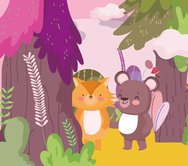 Naklejka premium little teddy bear and fox cartoon character forest foliage nature landscape