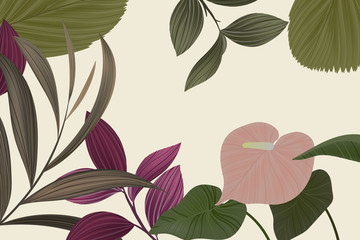 Nature vector background, tropical  leaves and pink flower in dark green tone