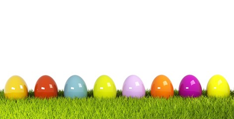 Colorful easter eggs in a row on green grass 3d rendering