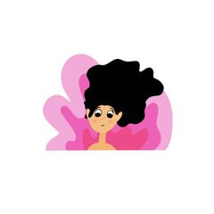 Children's illustration of a girl with black hair isolated on a white background with a pink tint behind her back, bright colors, cartoon character, for printing and print.