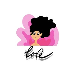 Children's illustration of a girl with black hair isolated on a white background with a pink tint behind her back, bright colors, cartoon character, for printing and print. Lettering love