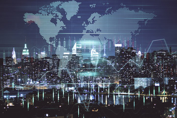 Double exposure of forex chart drawings over cityscape background. Concept of success.