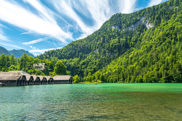 Konigssee lake with clear green water, reflection and mountain, Bavaria, Germany