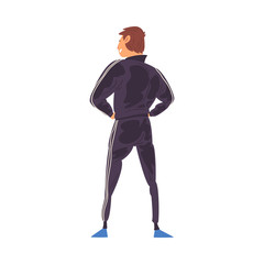 Young Man in Successful Pose Standing Back and Looking at Something, View from Behind Vector Illustration