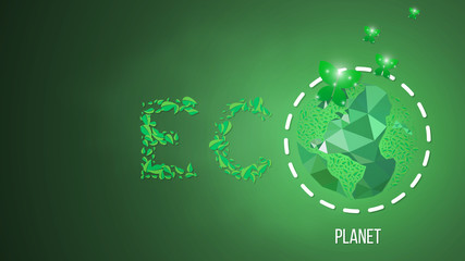 Earth ecology. Green planet poster template, eco Terra concept. Abstract polygonal image on blue neon background. Low poly, wireframe, digital 3d vector illustration