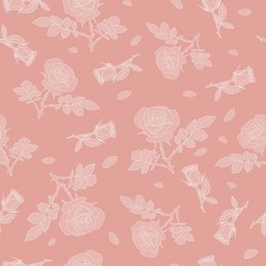 detailed seamless pattern with white rose and pink background. Romantic, vintage, country style for Valentine's, wedding designs, graphic, printed fabric, fashion, home decor, paper, package, gift.