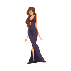 Fototapeta na wymiar Beautiful Young Woman With Long Hair Wearing Black Dress Vector Illustration