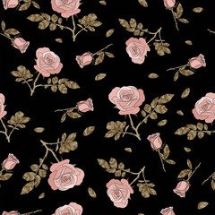 detailed seamless pattern with pink rose and golden leaves in black background. Romantic, vintage, country style for Valentine's, wedding designs, graphic, printed fabric, fashion, home decor, paper.