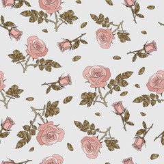detailed seamless pattern with pink rose and golden leaves in gray background. Romantic, vintage, country style for Valentine's, wedding designs, graphic, printed fabric, fashion, home decor, paper.
