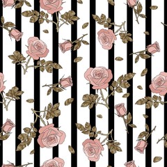 detailed seamless pattern with pink rose and golden leaves in black and white stripe background. Romantic, vintage style for Valentine's, wedding designs, graphic, printed fabric, fashion, paper.