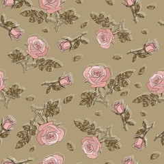 detailed seamless pattern of pink rose and golden leaves with frames behind in golden background. Romantic, vintage, country style for Valentine's, wedding design, graphic, printed fabric, home decor.