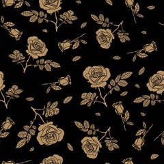 detailed seamless pattern with golden rose in black background. Romantic, vintage, luxurious style for Valentine's, wedding designs, graphic, printed fabric, fashion, home decor, paper, package, gift.