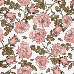 detailed seamless pattern of growing rose in white background. Romantic, vintage, country style for Valentine's, wedding designs, graphic, printed fabric, fashion, home decor, paper, package, gift.