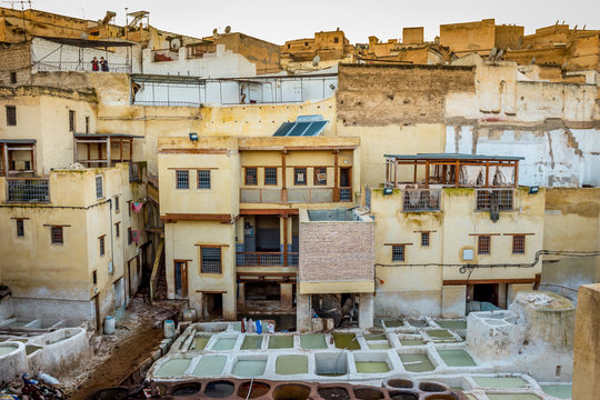 Overlooking stone vessels in tanneries, Fez, Morocco