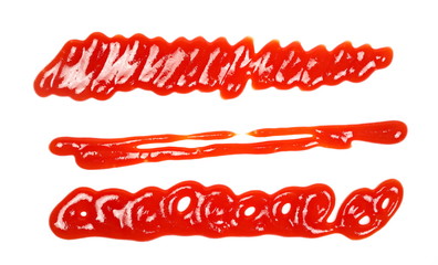 Red ketchup spreading, splashes, set and collection isolated on white background, tomato puree texture, top view