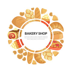 Bakery Shop Banner Template with Fresh Baking Products of Round Shape and Place for Text Vector Illustration