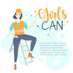 Portrait of worker woman sitting on a stepladder. girls can feminism vector banner design.