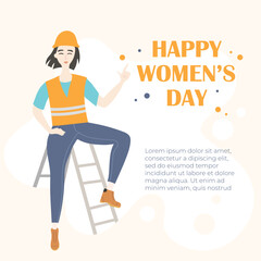 Happy international women's day banner. Portrait of worker attractive woman holding a drill in one hand. Vector cartoon illustration for card, poster, banner design.