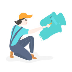 Female painter in uniform applying wall paint to with paint roller. Vector illustration