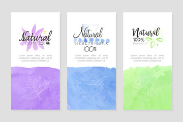 Natural Cosmetics, Health Care Banner Templates Set, Healthy Beauty Products Watercolor Badges Vector Illustration