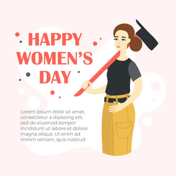 Happy women's day banner, female firefighter with ax.
