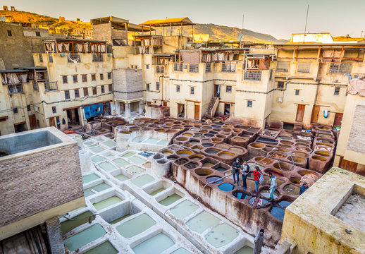 Tourists stand on stone vessels, tanneries, Fez, Morocco