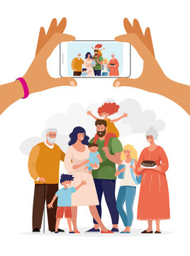 Photo of a large friendly family. Two hands holding a phone and taking a family photo. Cute flat cartoon vector illustration.